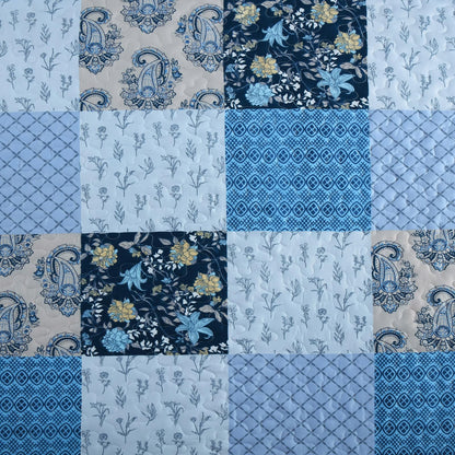 Xruibed Blue Quilt Set Queen Size 3 Pieces Plaid Floral Boho Bedspread Coverlet Set Patchwork Pattern Reversible Bedding Set Soft Microfiber Bedspread Set Queen for All Season(Queen 96"x90")