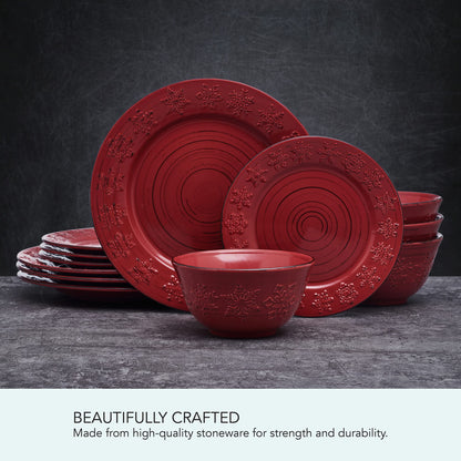 Pfaltzgraff Trellis Snowflakes 12 Piece Dinnerware Set, Service For 4, Red
