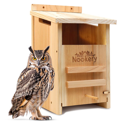 Owl House for Outdoors – Premium Large Cedar Nesting Box – Prebuilt Wooden Birdhouse for Screech Owls – Easy to Hang with Two Hanger Brackets, Mounting Screws & Cedar Shavings