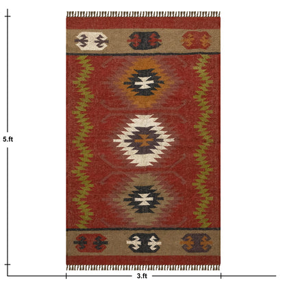 Reversible Kilim Area Rug 3x5 Southwestern Wool Jute Geometric Design Multicolor Hand Woven Rug Thick 0.19" Flatweave Carpet Indoor Outdoor Rugs for Bedroom Enterway Kitchen