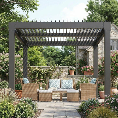10x10 FT Louvered Pergola, Outdoor Aluminum Pergola with Adjustable Roof & Integrated Drainage System, Heavy Duty Hardtop Gazebo for Patio, Deck, Garden & Backyard