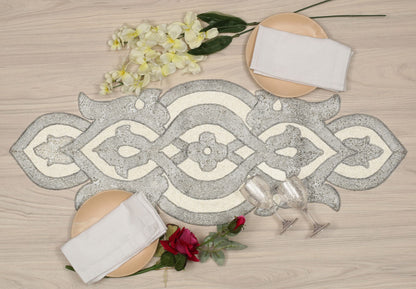 Lightnpro Beaded Table Runner Elegant Infinity Design - Handmade Glitz Table Décor for Weddings, Parties, Holidays, Gifting & Everyday Use - Decorative Centerpiece Accent - 13x36 Inch - Silver Ivory
