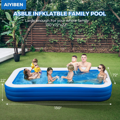 Inflatable Swimming Pool with Pool Lights, 130" x 72" x 22" Full-Sized Large Inflatable Family Pool, Summer Water Party, Outdoor, Garden Backyard, Suitable for Adults
