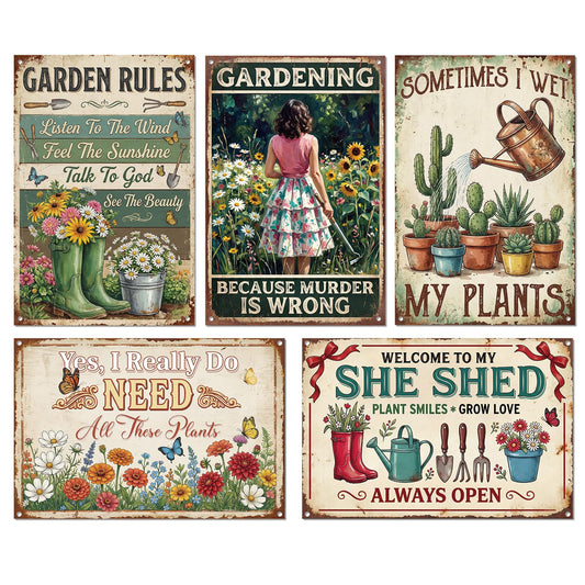 Rngmsi Metal Garden Signs for Outside, 5PCS Funny Vintage Garden Decor Decorative Outdoor Yard, Gardening Housewarming Gifts Decorations for Women and Plant Lovers
