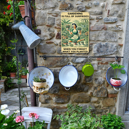 Funny Garden Decor Sign – Gardening Gifts for Women, Garden Decor Aluminum Outdoor Sign, Gardening Is Full of Surprises, Yard & Patio Gifts for Plant Lovers & Gardeners 12" x 8"