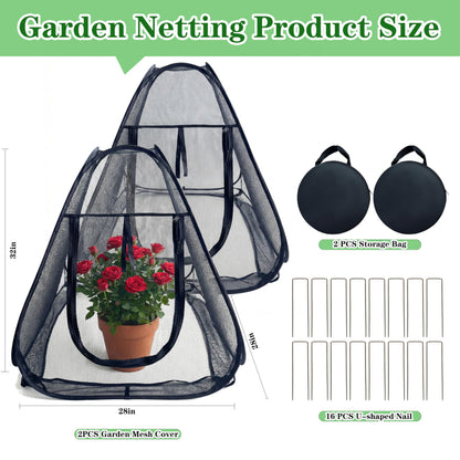2PCS Pop-Up Garden Netting Protector with 2 Storage Bags & 16 U-Shaped Nails, 28"x28"x32" Plant Shade Tent， Mesh Plant Cover from Animals for Vegetables Fruits Flowers