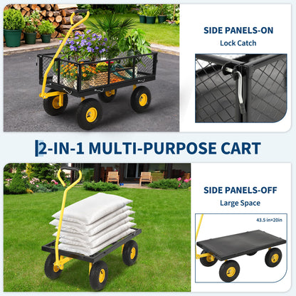 900 Lbs Heavy Duty Steel Garden Cart, Garden Wagon Cart on Wheels, Outdoor Metal Yard Utility Wagon Carts with and Mesh Removable Sides(Convert to Flatbed) and 180°Rotating Handle,Black