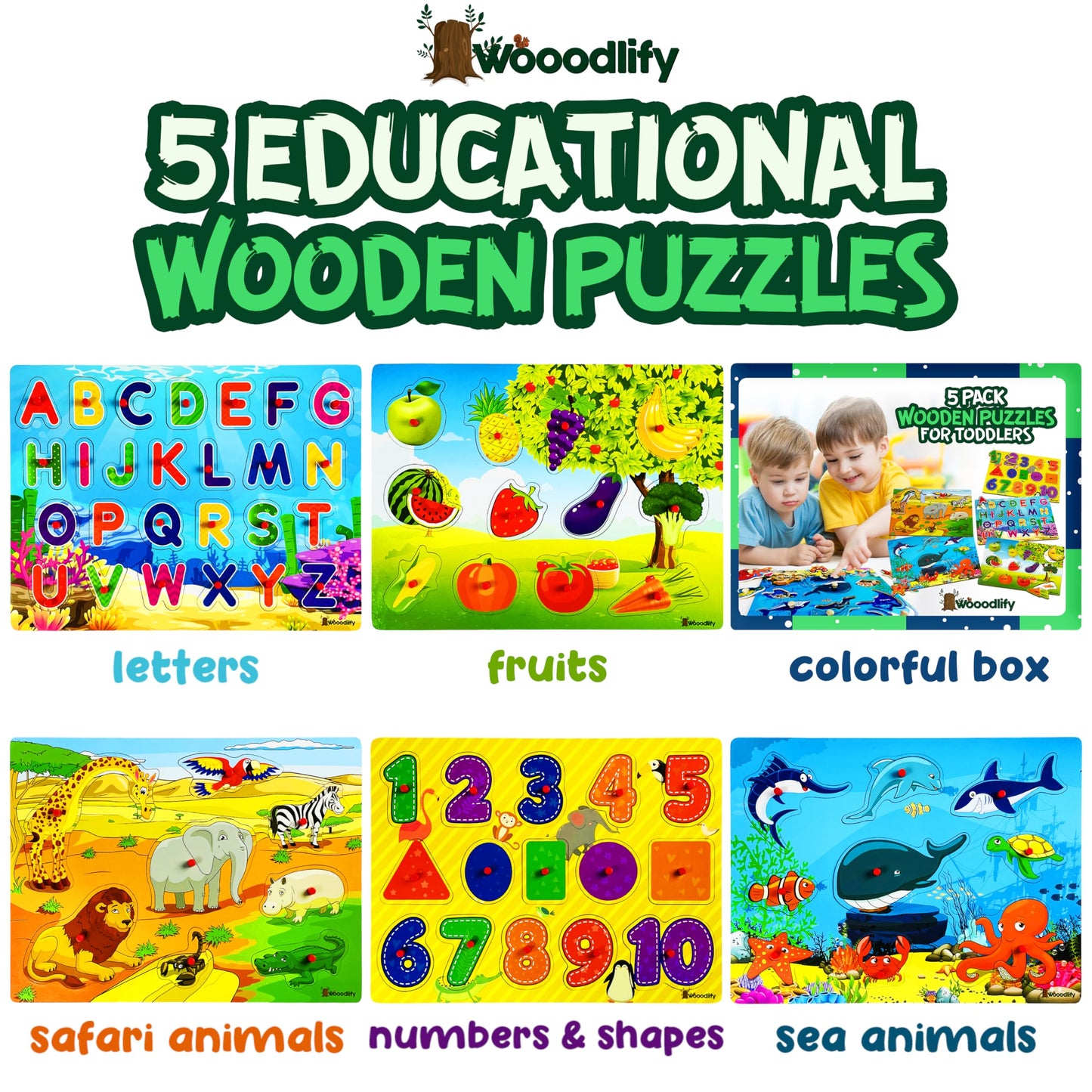 5 Pack Wooden Puzzles for Toddlers 1-3 - Colorful Chunky Wooden Peg Puzzles - Educational Learning Montessori Toys - Toddler Puzzles for Kids Ages 2-4 - Alphabet ABC Number Animal Fruit Shape