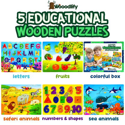 5 Pack Wooden Puzzles for Toddlers 1-3 - Colorful Chunky Wooden Peg Puzzles - Educational Learning Montessori Toys - Toddler Puzzles for Kids Ages 2-4 - Alphabet ABC Number Animal Fruit Shape