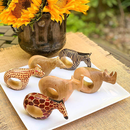 Global Crafts - Mahogany Wood Animal Napkin Rings Set of Six - Handmade Wooden Napkin Rings