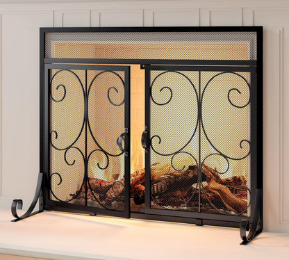 Calidola Large Flat Fireplace Screen with Doors, Wrought Iron Frame with Metal Mesh, Flat Panel Decorative Fireplace Screen with Scroll Design, Free Standing Spark Guard,Black