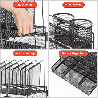 Marbrasse Desk Organizer with Drawer, 4-Tier Mesh File Organizer with 5 Vertical File Holders and 2 Pen Holders, Multifunction Desktop Organizer,Desk Organizers and Accessories for Home Office