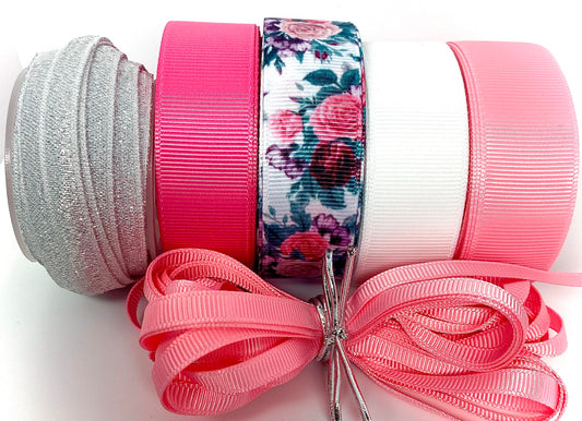 Pretty in Pink - 28 Yd Spring Bundle Pack. Includes 25 Yds of Premium Ribbon (5 Yds Each Style) Also 3 Yards Silver Metallic Elastic Bonus. Great for Hair Bows, Sewing & Crafting!
