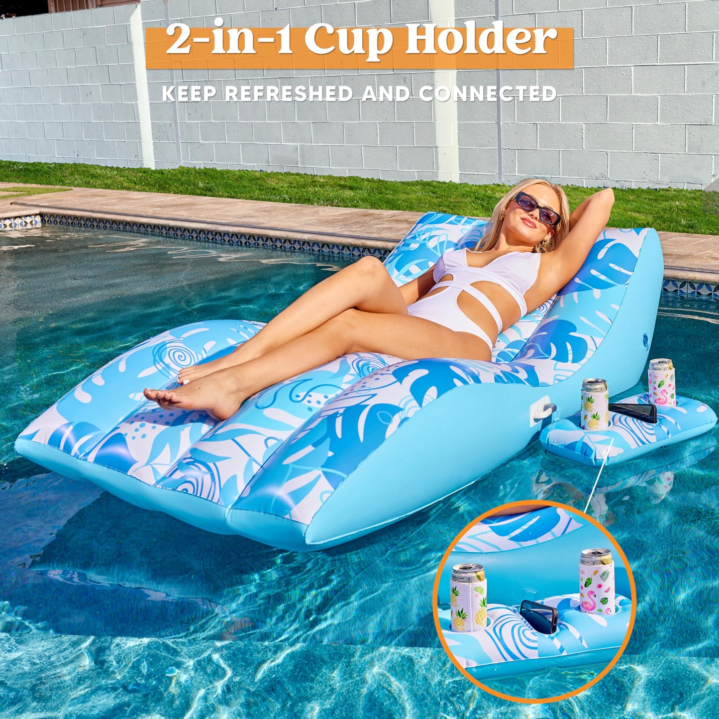 SLOOSH Inflatable Pool Floats Adult - Extreme Comfort Pool Lounge Chair with Detachable Cup Holder, Heavy Duty Lounger Floating Recliner Blow Up Floaties Water Floaty Lake Beach Tanning Float (Blue)