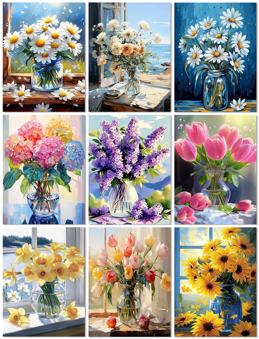 9 Pack Flowers Diamond Art Kits for Adults, Multipack Diamond Painting Kit for Adult Beginners, 5D DIY Round Drill Gem Art Adult Diamonds Dots Sets for Home Wall Decor Gift 12x16in (Floral Vase)