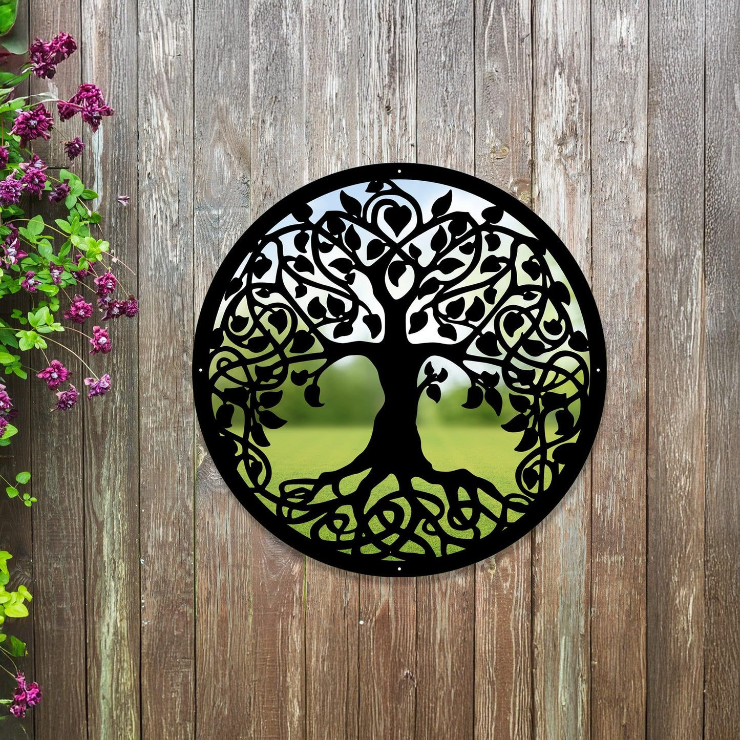 Sun Catcher Garden Decor Tree of Life Garden Mirror Range of Sizes Round Framed Mirror Outside Rust Resistant Acrylic Fixings Included Gift (42cm / 16.5 inch)