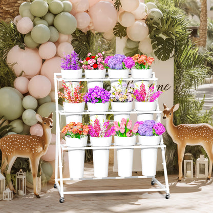 VGMiu Flower Display Stand with 12 Buckets, White Flower Cart with Wheels 3 Layers Metal Flower Bar Stand Moving Flower Stand Florist Bouquet Shelf for Weddings Party Ceremony Indoor Outdoor Garden