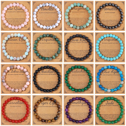 JEWPARK 16PCS Semi-Precious Gemstone Bracelet - Crystal Stone Beaded Bracelets for Women Men 8mm Round Beaded Stretch Bracelets Unisex Yoga Bracelets Gifts