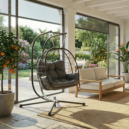 Pamapic 700 LBS Double Egg Chair Outdoor, UV Resistant Cushions Hanging Egg Chair with Armrests & Headrest, Thick Steel Frame Egg Swing Chair with Stand, for Relaxing & Reading Outside/Inside(Grey)
