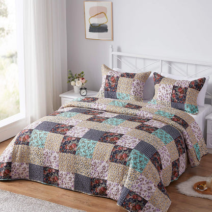 SunStyle Home Patchwork Quilt King Size, Soft Durable Quilted Bedspread Lightweight Comforter Reversible Boho Printed Bed Coverlet Blanket King Quilt Bedding Set with Pillow Shams for All Season 3Pcs