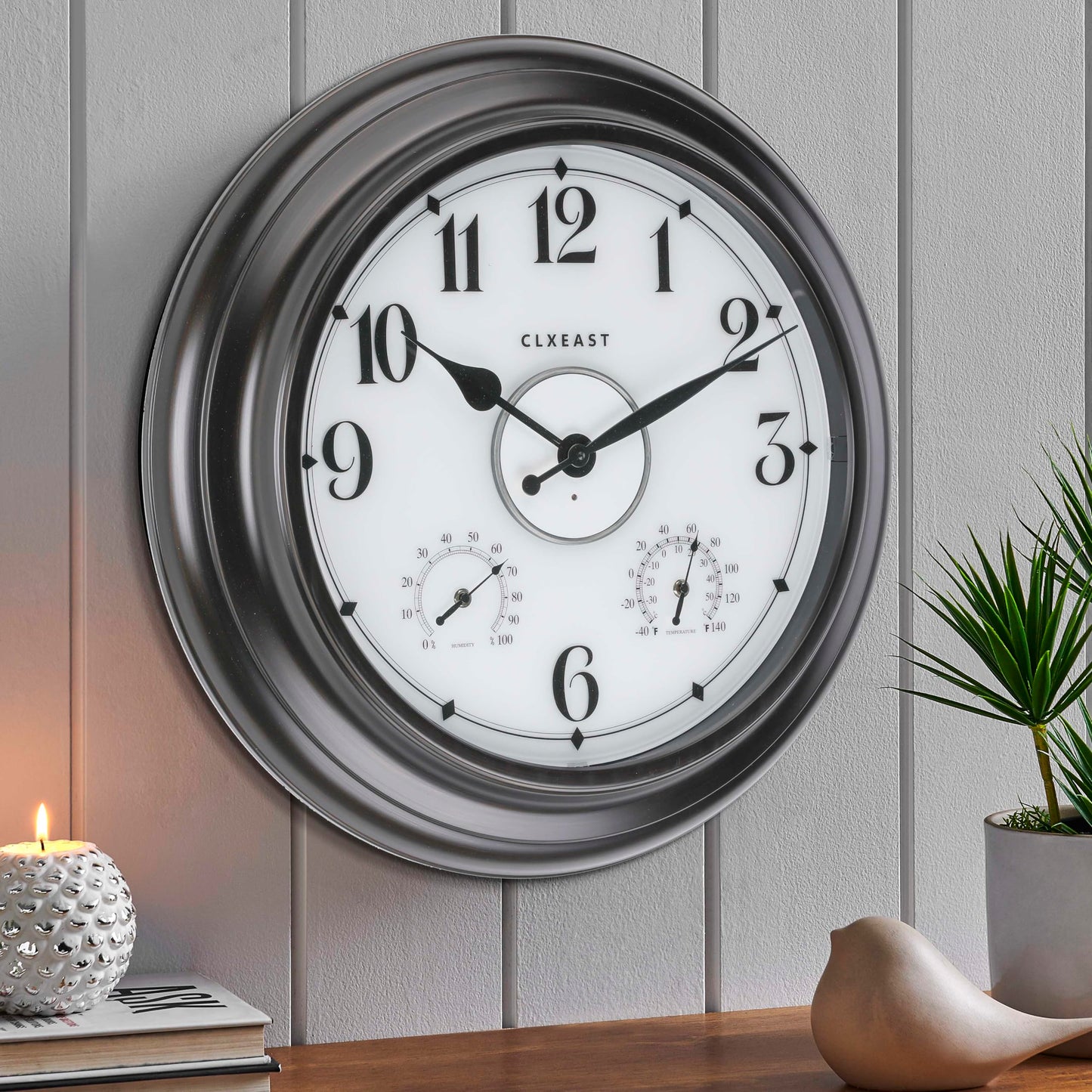 CLXEAST 24 Inch LED Self-Illuminated Outdoor Metal Clocks Waterproof, Large Lighted Outdoor Clock with Temperature and Humidity,Oil Rubbed Bronze Black,Spring Garden Decor