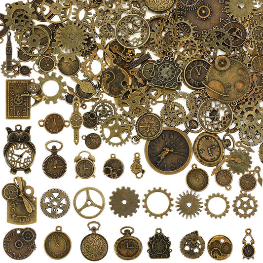 Hicarer 300 Gram Halloween Antique Bronze Gears Charms DIY Mixed Vintage Assorted Steampunk Gears Metal Charms Pendant Clock Watch Cog Wheel for Crafting, Jewelry Making Accessory(Delicate Style)