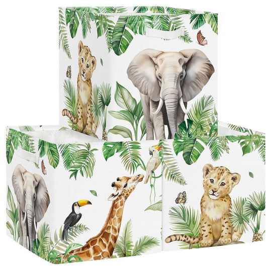 Clastyle Jungle Animals Kid Storage Cube Organizer Set Tropical Leaves Palms Giraffe Closet Clothes Cube Storage Bin Nursery Toddler Toy Box Chest Girl Boy Book Shelf Basket,Lion,11.8x11.8x11.8 in