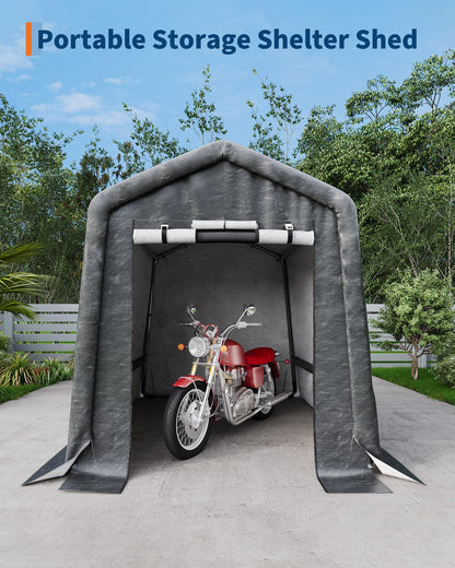 GarveeLife Outdoor Portable Storage Shed with Roll-Up Door & Vent, 240G Heavy-Duty Shelter Waterproof PE Tarp, UV-Resistant Storage Sheds for Motorcycle, Firewood, Garden and Tools (Gray, 6'x8')