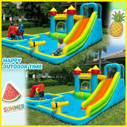 AKEYDIY Water Slide,Outdoor Inflatable Water Slide for Kids,Water Bounce House with Deep Splash Pool,Dual Slide,Big Bounce Area,Water Cannon&Basketball Hoop,Bouncy Castle with 550W Blower for Backyard
