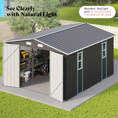 AMERLIFE 10x12x6.6 FT Metal Storage Shed, Outdoor Tool Shed with 2 DIY Windows, Hinged Double Doors and Vents, Reinforced Steel Frame for Backyard, Garden, DIY Workshop, Dark Grey