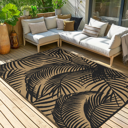 GENIMO Outdoor Rug 9' x 12' Waterproof for Patio Clearance, Reversible Plastic Straw Camping Carpet, Lightweight Mats for Rv, Backyard, Deck, Porch, Picnic, Beach, Balcony, Black & Brown