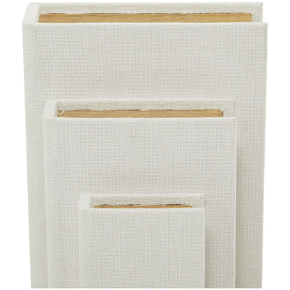 Deco 79 Linen Fabric Decorative Box Faux Storage Book Book Shaped Boxes, Set of 3 Decorative Keepsake Boxes 12", 9", 6"H, White
