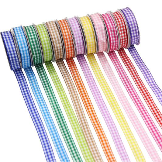 YERELO 12 Color 60 Yard Pastel Plaid Ribbon 3/8" X 5 Yards Thin Double Face Grid Ribbon Assortment for Crafts, Wreath, Gift Wrapping, Birthday Shower P