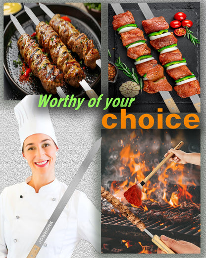 JOWHONK 27" 304 Stainless Steel Skewers for Grilling,1 Inch Wide Extra Large Skewers for Kabobs with Wooden Handle,Metal Flat Barbecue Skewer Make Koobideh Brazilian-BBQ Skewer(4),BBQ Mop Brush(1)