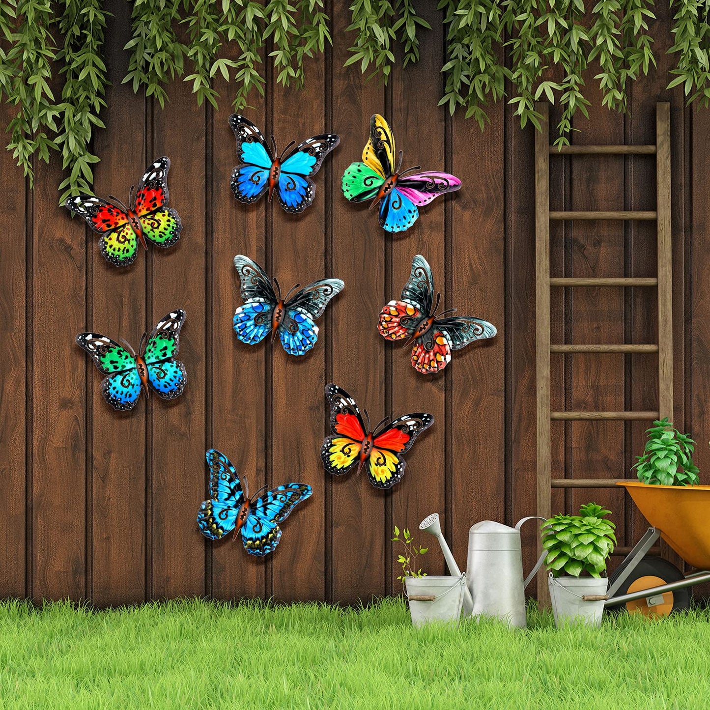 Jetec 8 Pcs Metal Butterfly Wall Decor 6.5 Inch Outdoor Butterflies Wall Art Sculpture 3D Butterfly Hanging Decoration for Spring Outside Fence Garden Yard Home Patio Balcony(Stylish Style)