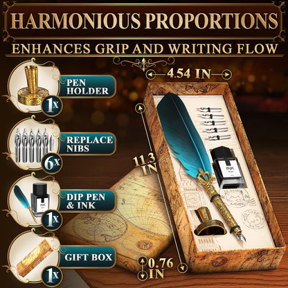 Vintage Feather Quill Pen and Ink Set - Elegant Blue Feather Pen and Ink Set for Signatures, Writing, and Drawing - Calligraphy Kit with Stainless Steel Nib for Beginners and Calligraphy Enthusiasts