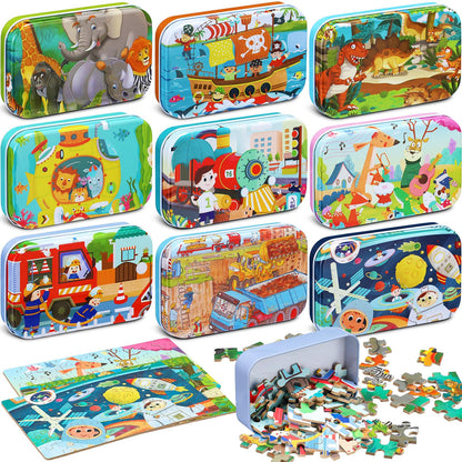 Libima 9 Boxes Party Favors Jigsaw Puzzles in a Metal Box for Birthday Favors Supplies Wooden Puzzle Gifts, 9 Styles, 60 Pieces Each(Delicate Style)