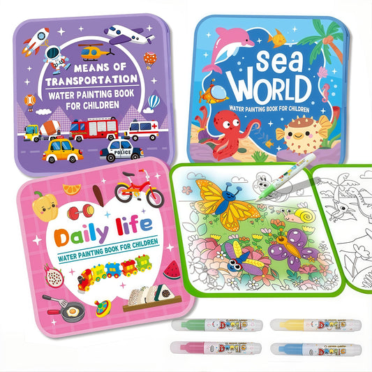 Water Painting Book for Kids - 4 Pack Magic Water Coloring Book with Water Pen Themes - Mess Free Water Art Book for Toddlers,No Mess Paint Coloring & Reusable Fun for Ages 3+ Travel Activity Toys