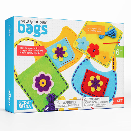 Serabeena Sewing Kit for Kids - Sew Your Own Felt Bags with Handles | Beginner Craft Kit Ages 6-8 | 6 Screen-Free No-Mess DIY Sewing Projects & Accessories