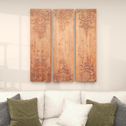 Deco 79 Wood Floral Home Wall Decor Carved Antefix Wall Sculpture, Set of 3 Wall Art 16"W, 55"H, Brown