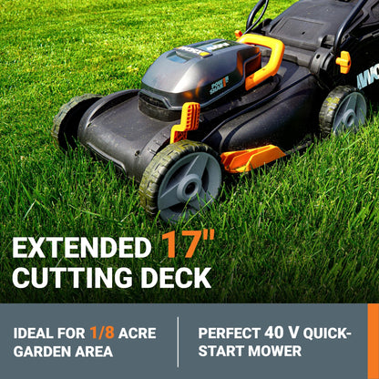 WORX 17" Cordless Lawn Mower, 2 in 1 Electric Mower Cuts Quietly, Compact & Lightweight Push Lawn Mower with 7-Position Height Adjustment for Small Yards, 2 Batteries & Charger Included, WG743