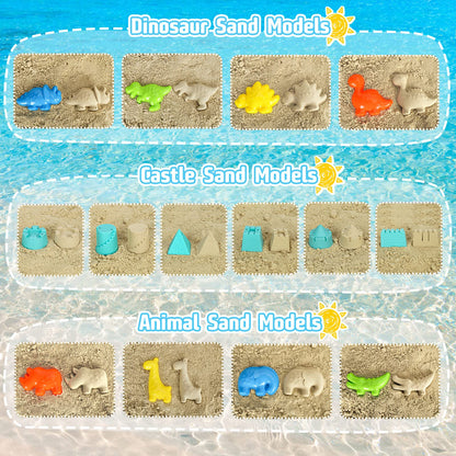 FUSPWEAO Beach Toys, Dinosaur Sand Toys with Dump Truck and Collapsible Beach Bucket, Shovel and Rake, Mesh Bag, Animal Dinosaur Sand Molds, Sand Castle Toy, Sandbox Toys for Toddlers Kids Boys