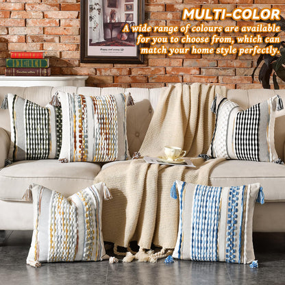 AmHoo Chenille Striped Textured Boho Throw Pillow Covers Aesthetic with Tassels Woven Decorative Pillow Case for Couch Bed Sofa Bedroom Modern Funky 18 x 18-Inch Brown
