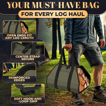 Water-Resistant Firewood Carrier Bag – 39.4"x18.5" Waxed Canvas Log Carrier for Firewood, Open-Ended Design, Large Capacity Wood Tote with Padded Handles, Buckle Strap & Folds Flat for Easy Storage
