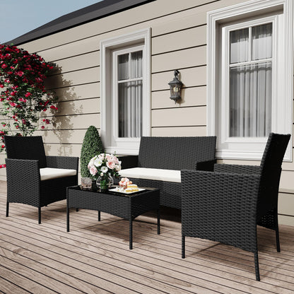 GAOMON 4 Piece Patio Furniture Set, Modern Patio Conversation Set with Glass Coffee Table, PE Wicker & Cushions for Poolside, Deck, Balcony, Black & Beige