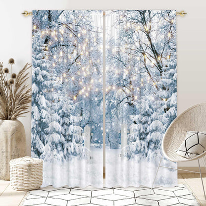Felortte 82" Wx 84" L Winter Scene Window Curtain Blue Wonderland Snowflake Forest Landscape for Christmas Home Bedroom Living Room Decor Decorations with Fabric Machine Washable