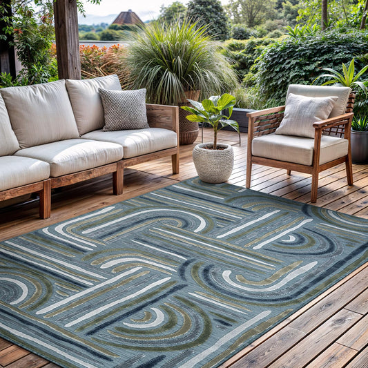 CAMILSON Indoor Outdoor Rug, Aqua 8x10 Geometric Arch Striped Area Rugs for Patio and Home Areas, Easy-Cleaning Non-Shedding Living Room, Garden and Deck Washable Outside Carpet (8 x 10)