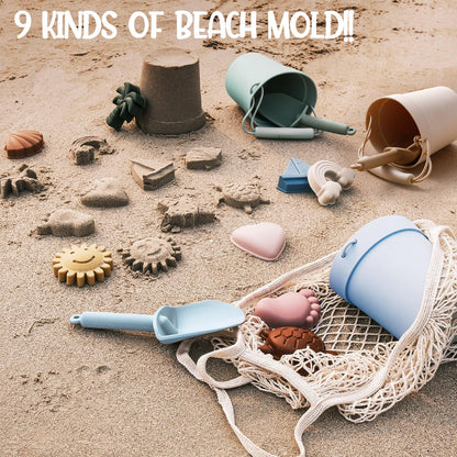Hungdao 16 Pcs Silicone Beach Toys Travel Friendly Beach Set Colorful Toys Include 3 Silicone Bucket Pail, 3 Shovel, 9 Sand Molds, 1 Bag for Summer Pool Outdoor(Beige, Blue, Teal)