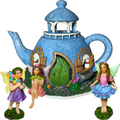 Mood Lab Fairy Garden Figurines - Teapot House Set (4 pcs) - 7.1" H Miniature Decorative House & Accessories - Outdoor & Indoor Garden Decor