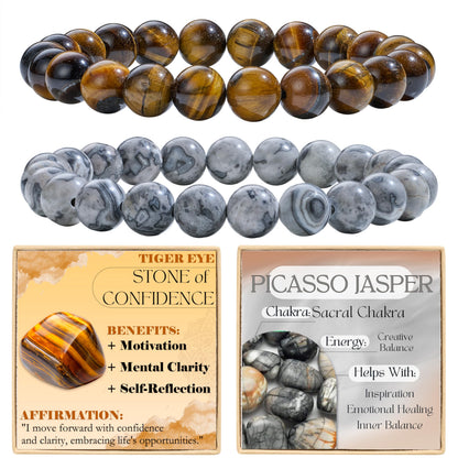 Bivei 2-Piece 8mm Beaded Bracelets for Women – Tiger Eye, Picasso Jasper – Handmade Natural Crystal Stretch Elastic Jewelry for Meditation, Yoga, Protection Gifts